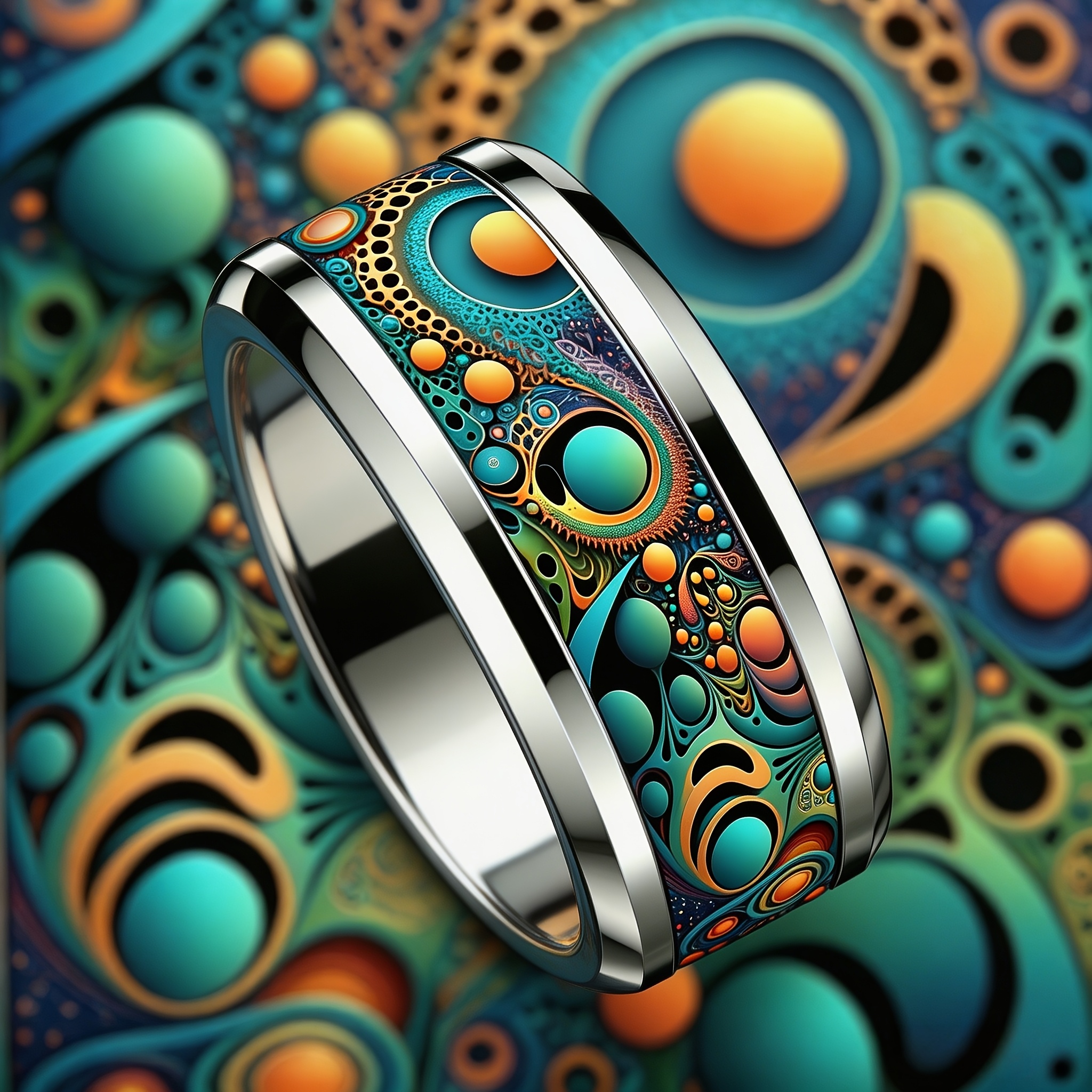 Iridescent Swirl Polka Dot Print Ring, Stainless Steel
